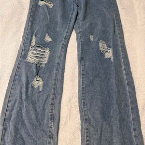 Distressed Blue Straight Leg Jeans